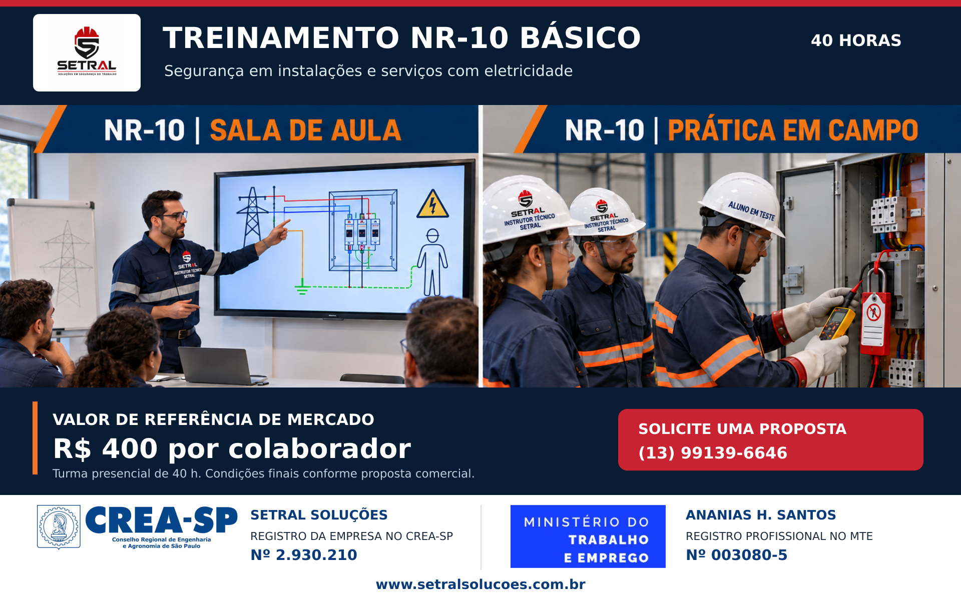 Banner da SETRAL para o treinamento NR-10 básico, com sala de aula, prática em campo, valor de referência e registros profissionais