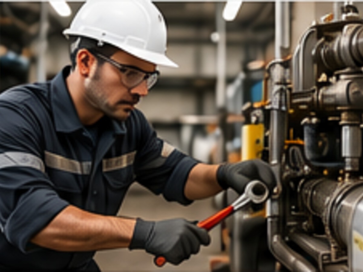Profissional com capacete atuando na manutenção de equipamento industrial