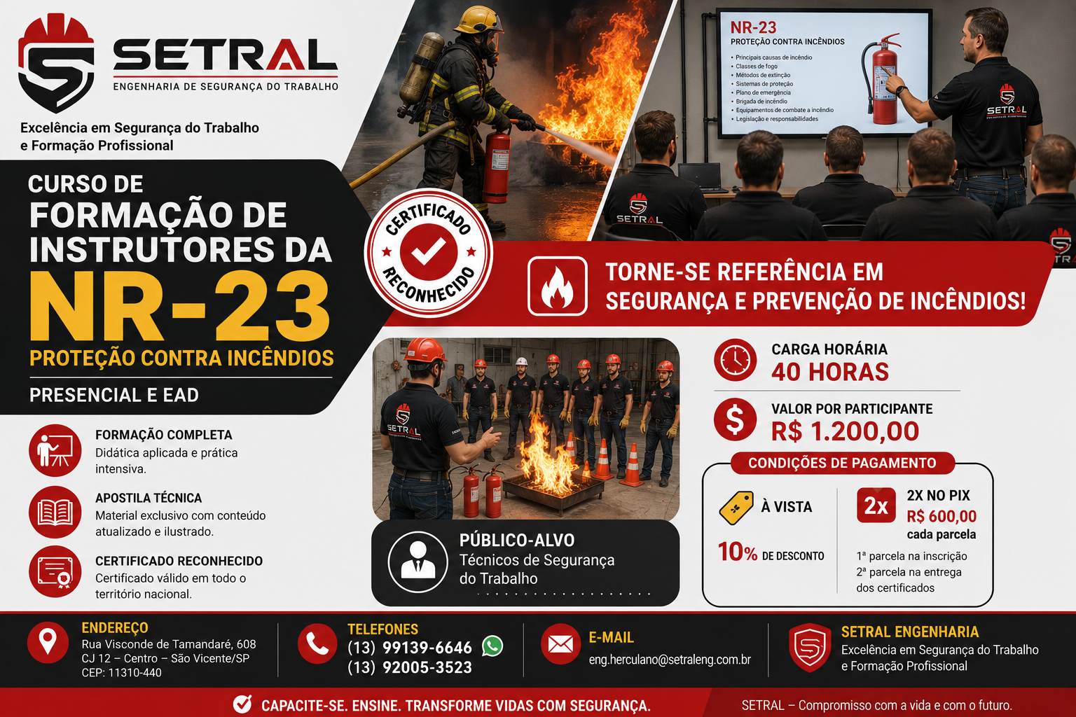 Arte informativa do curso de formação de instrutores NR-23, proteção contra incêndios