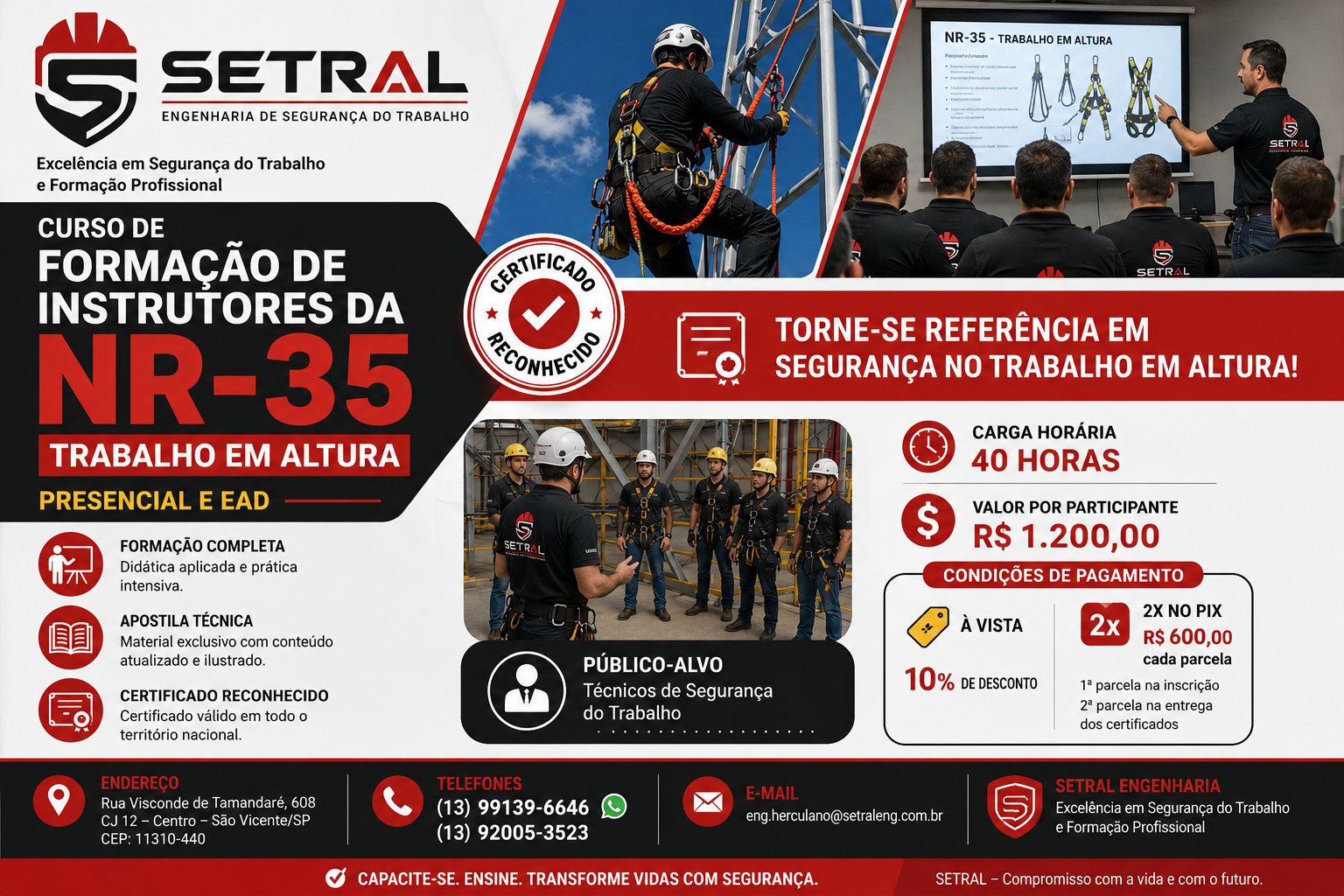 Arte informativa do curso de formação de instrutores NR-35, trabalho em altura
