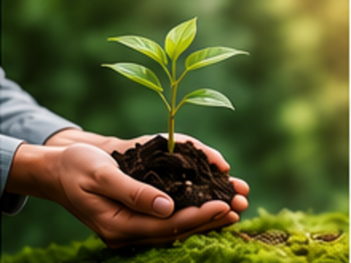 Mãos segurando uma muda, símbolo do compromisso com o meio ambiente
